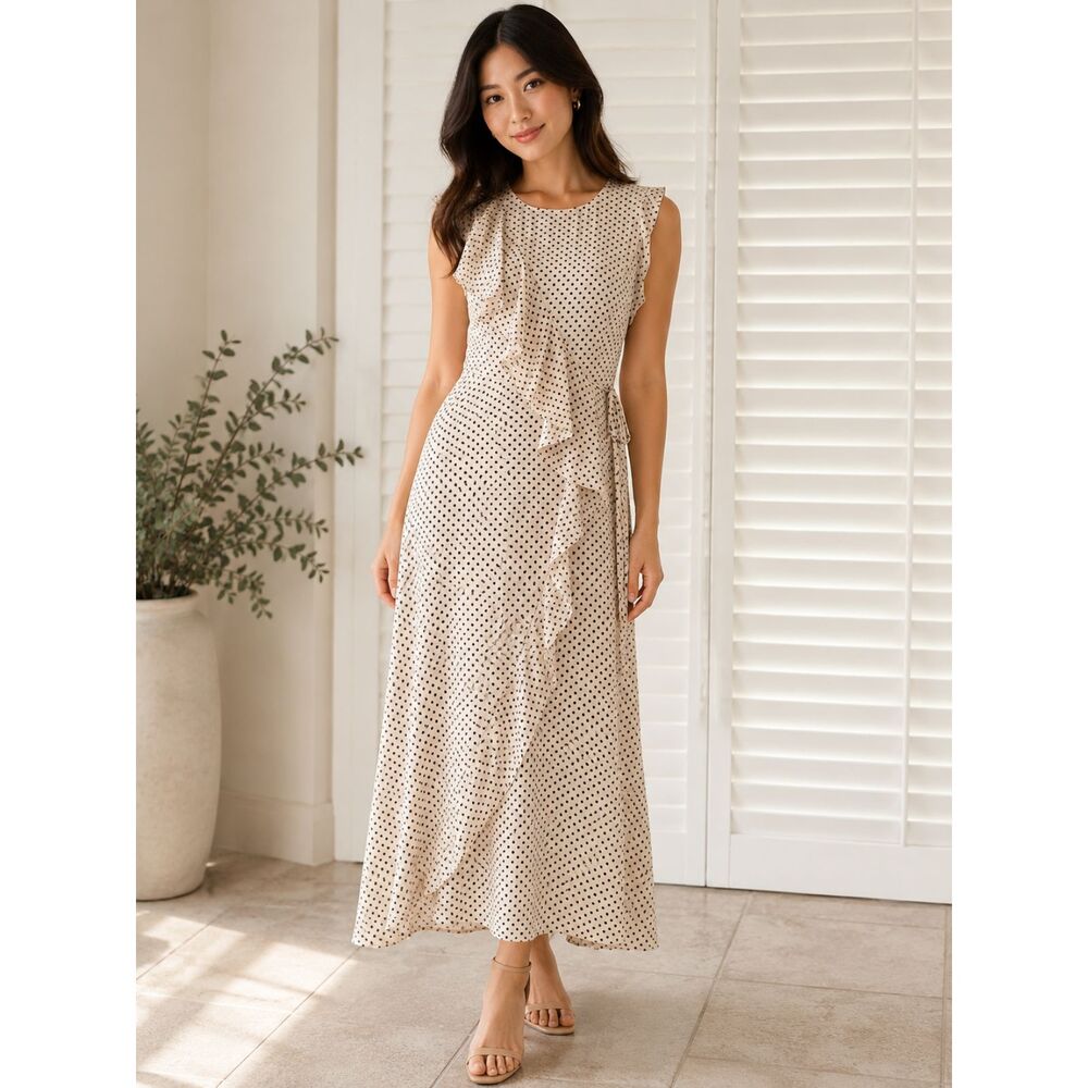 BCBGMaxAzria Ecru Ruffle Front Sleeveless Maxi Dress